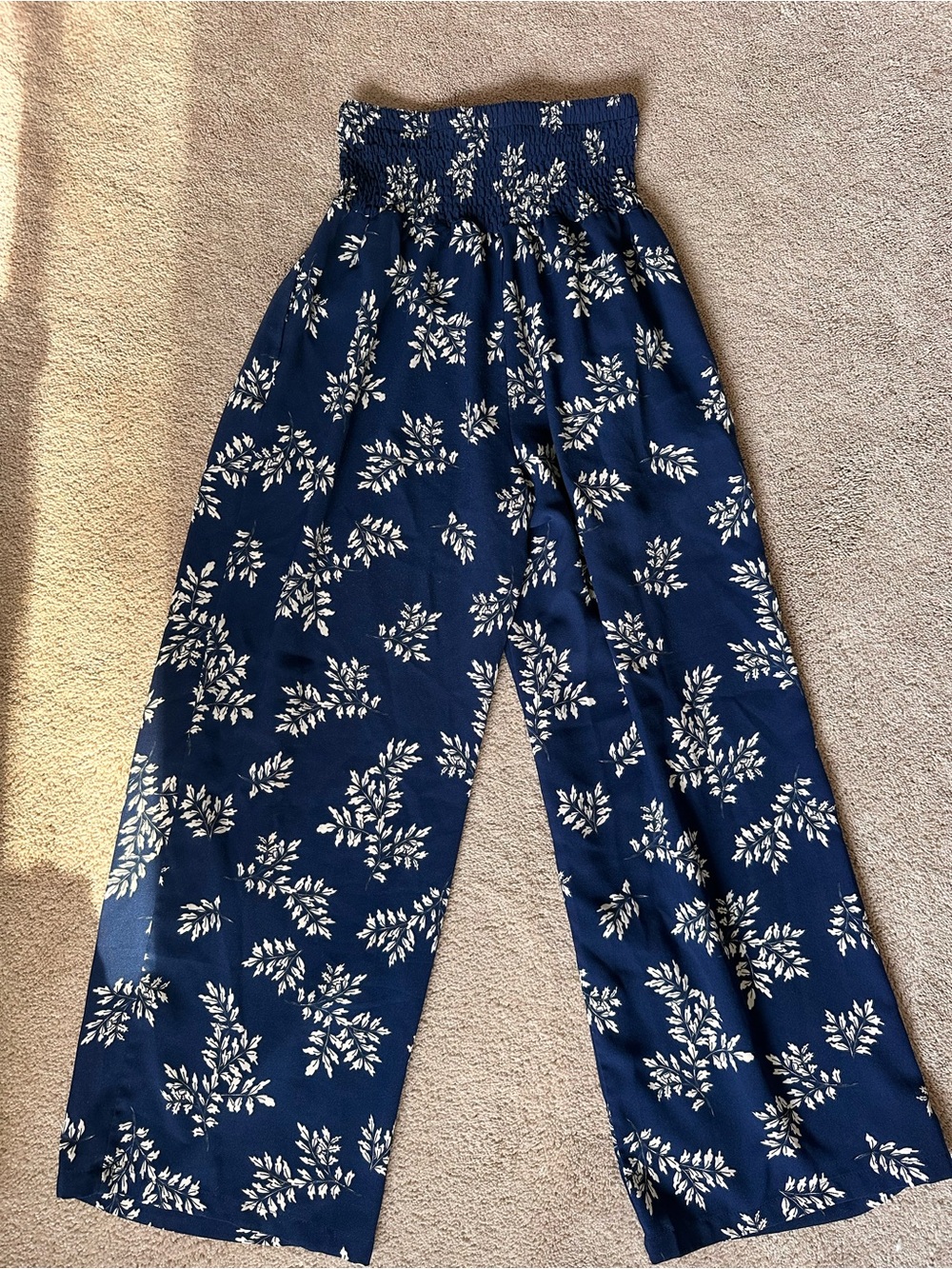 Amazon Navy Wide-Leg Smocked Waist Floral Pants
